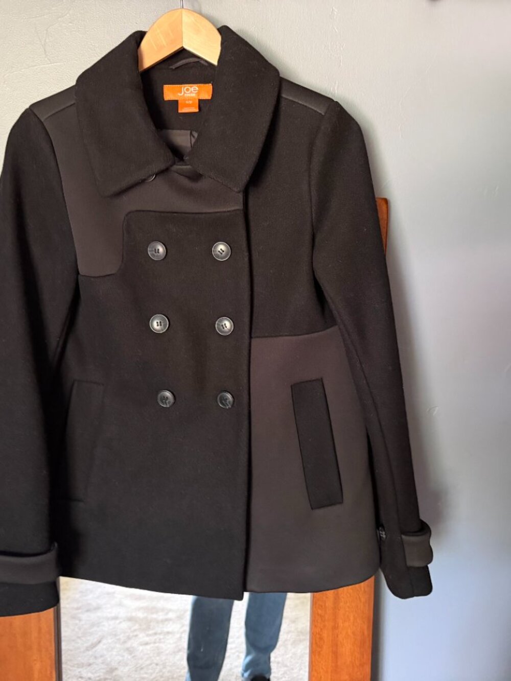 Joe Fresh Black Wool Blend Moto Pea Coat Edgy Detailing Size S